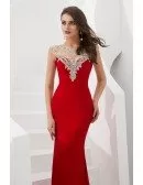 Simple Mermaid Long Red Prom Dress With Beading Neck