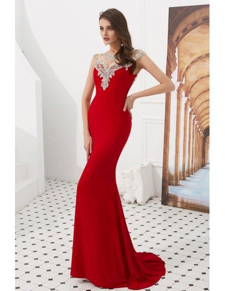 Simple Mermaid Long Red Prom Dress With Beading Neck