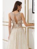 Sparkly Beading Long Sequin Tulle Prom Dress In Sleeveness