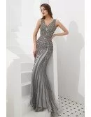 Fitted Mermaid Grey All Beading Prom Dress For Curvy Girls