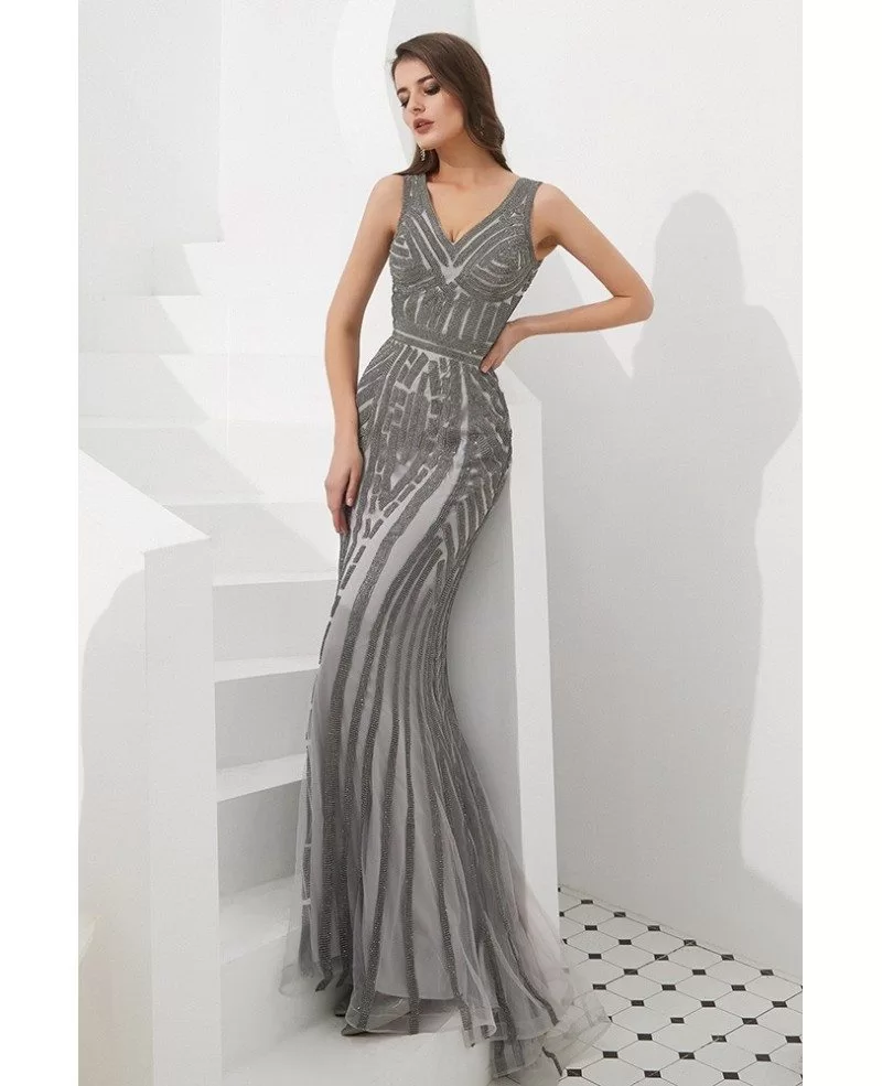 Fitted Mermaid Grey All Beading Prom Dress For Curvy Girls #F013 ...