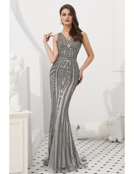 Fitted Mermaid Grey All Beading Prom Dress For Curvy Girls
