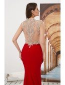 Mermaid Tight Red V Neck Prom Dress With Beading Sheer Back