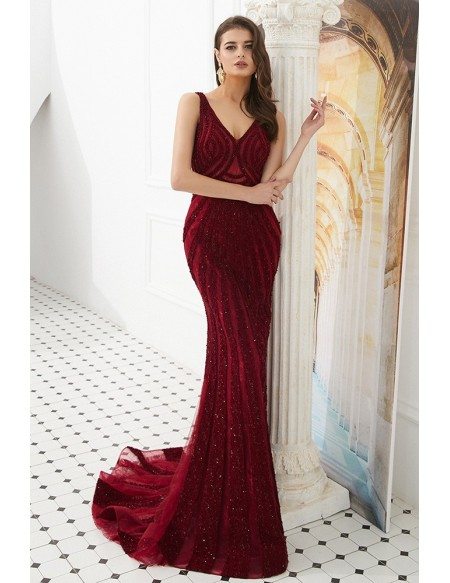 Glittering Beading Tulle Burgundy Prom Dress With Sweetheart Neck