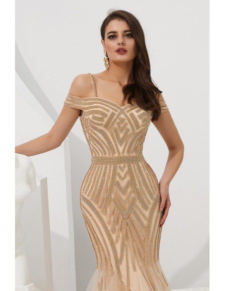 Off Shoulder Champagne Long Tulle Beaded Stripe Formal Dress For Woman