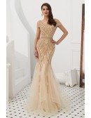 Off Shoulder Champagne Long Tulle Beaded Stripe Formal Dress For Woman