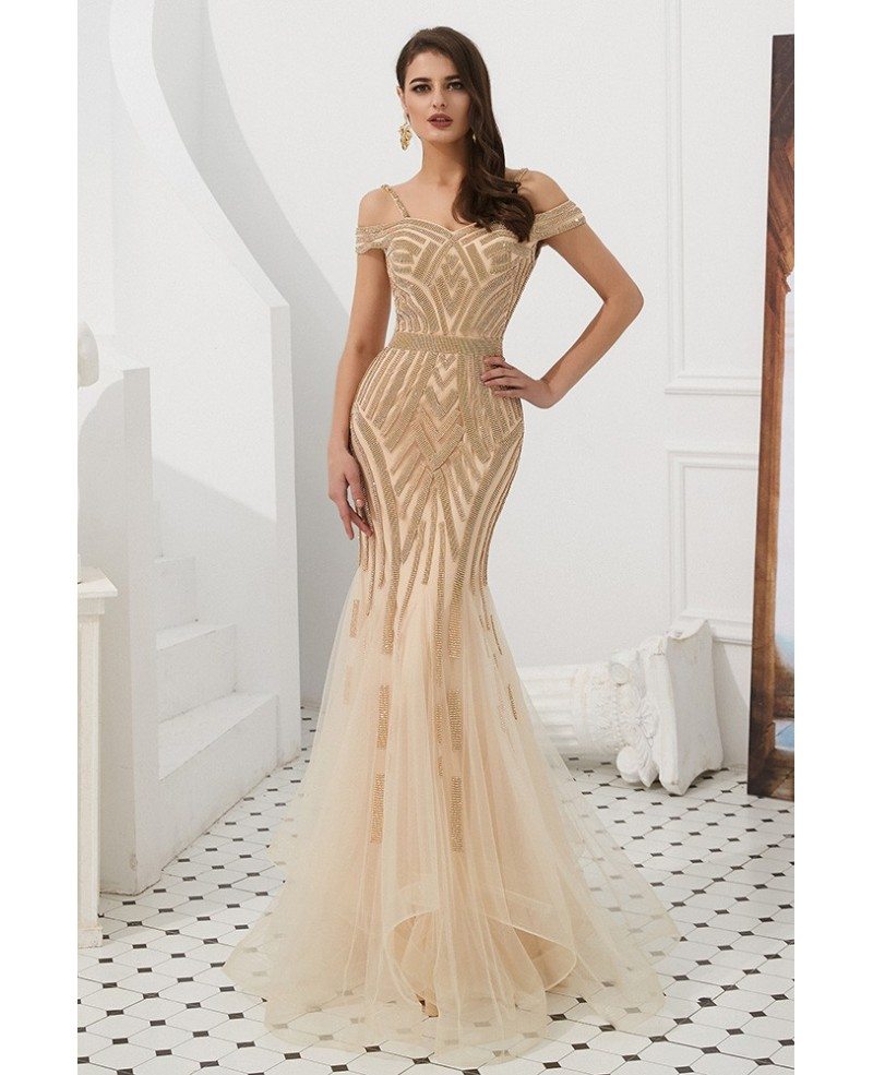 Off Shoulder Champagne Long Tulle Beaded Stripe Formal Dress For Woman F016