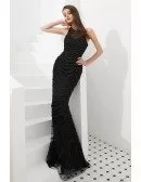 Pretty Mermaid Black Long Prom Dress With Beading Stripe