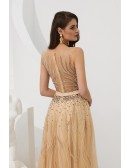 Elegant Champagne Beaded Tulle Evening Dress Long For Woman
