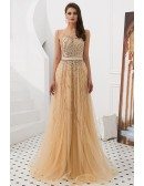 Elegant Champagne Beaded Tulle Evening Dress Long For Woman