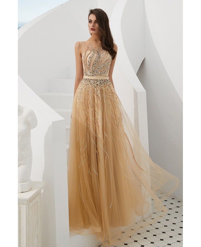 Elegant Champagne Beaded Tulle Evening Dress Long For Woman #F018 ...