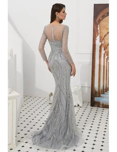 Luxury Silver Mermaid Long Sleeve Prom Dress With Sparkly Beading