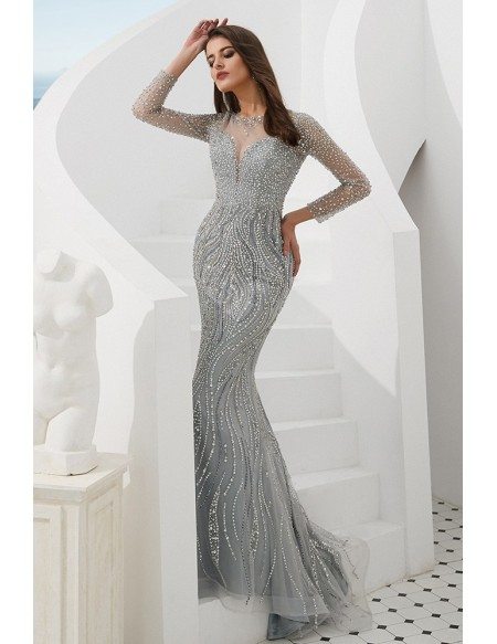 Luxury Silver Mermaid Long Sleeve Prom Dress With Sparkly Beading # ...