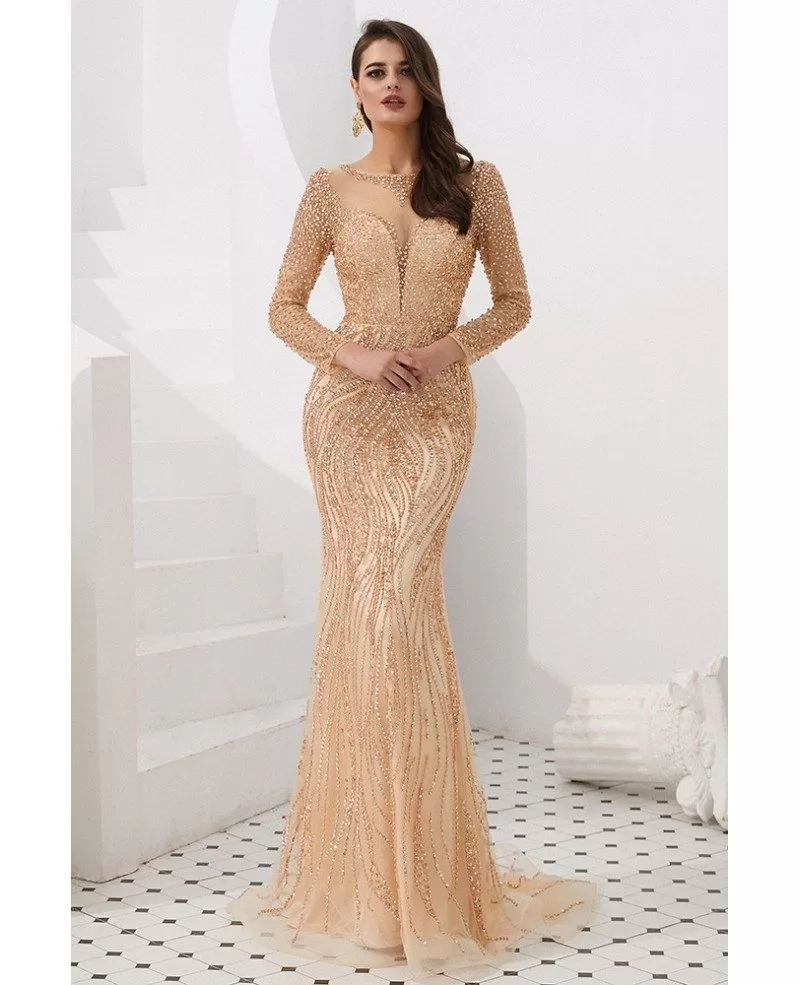 gold mermaid dress with sleeves
