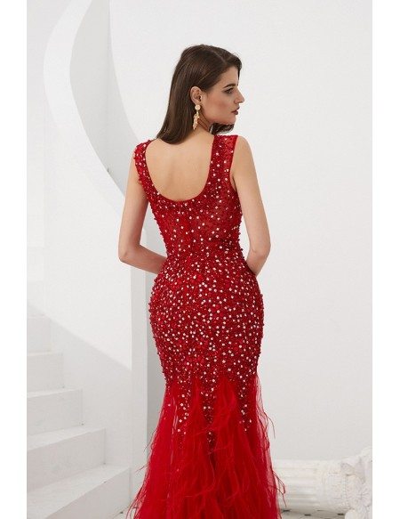Beautiful Long Mermaid Red Formal Dress Sleeveless With Feathers