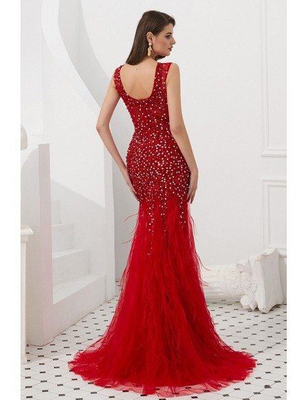 Beautiful Long Mermaid Red Formal Dress Sleeveless With Feathers