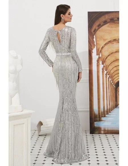 Extravagant Sparkle Silver Long Prom Dress With Beading Tassels