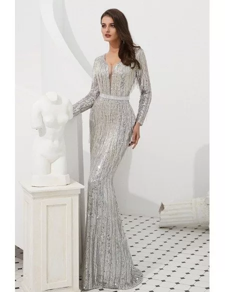 Extravagant Sparkle Silver Long Prom Dress With Beading Tassels
