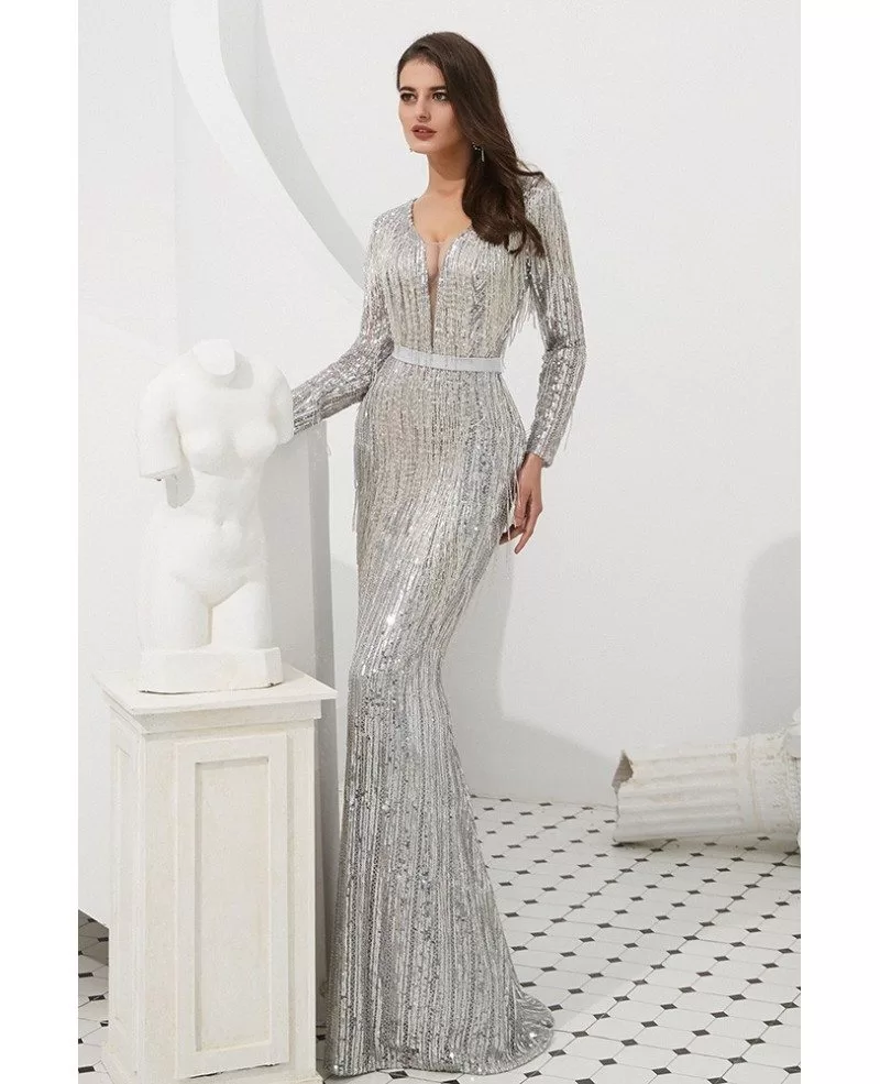 Extravagant Sparkle Silver Long Prom Dress With Beading Tassels #F024 ...