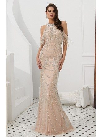 Gothic Cold Shoulder Pink Formal Dress With Beading Tassels