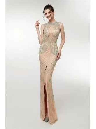 Traditional Long Tight Champagne Evening Dress With Slit Front