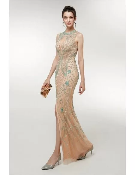 Traditional Long Tight Champagne Evening Dress With Slit Front