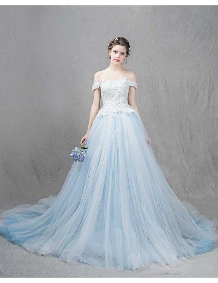 Romantic Ball-Gown Off-the-Shoulder Sweep Train Tulle Wedding Dress ...