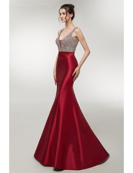 Sparkly Sequin Burgundy Formal Mermaid Evening Gown With Open Back