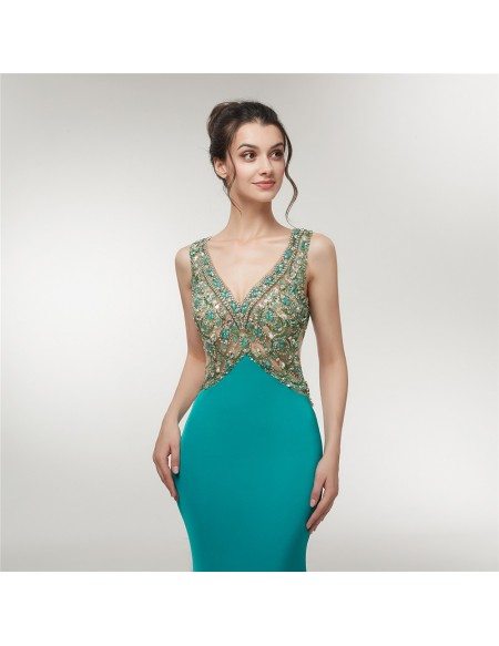 Fitted Long Trained Beading Green V Neck Prom Dress With Open Hole Back