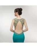 Fitted Long Trained Beading Green V Neck Prom Dress With Open Hole Back
