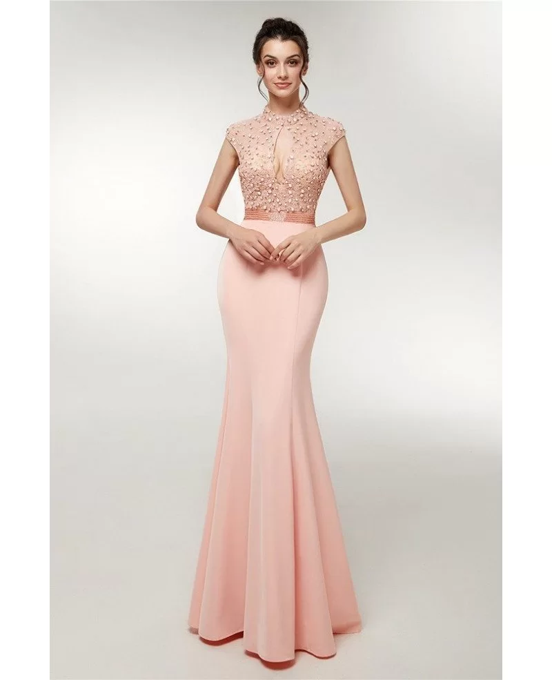 Cute Pink Long Mermaid Beading Prom Dress With High Neck #D015 ...