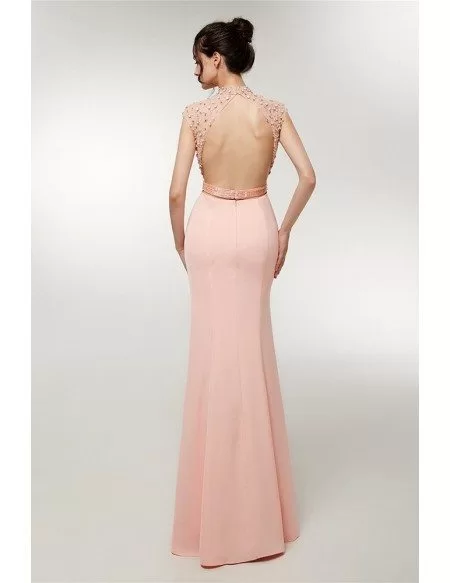 Cute Pink Long Mermaid Beading Prom Dress With High Neck