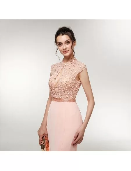 Cute Pink Long Mermaid Beading Prom Dress With High Neck