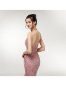 Fitted Mermaid Beaded Long Halter Pink Prom Dress Open Back