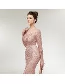 Unique Blush Pink Lace Mermaid Long Prom Dress With Beading