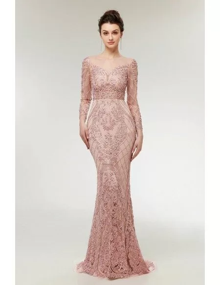 Unique Blush Pink Lace Mermaid Long Prom Dress With Beading #D019 ...