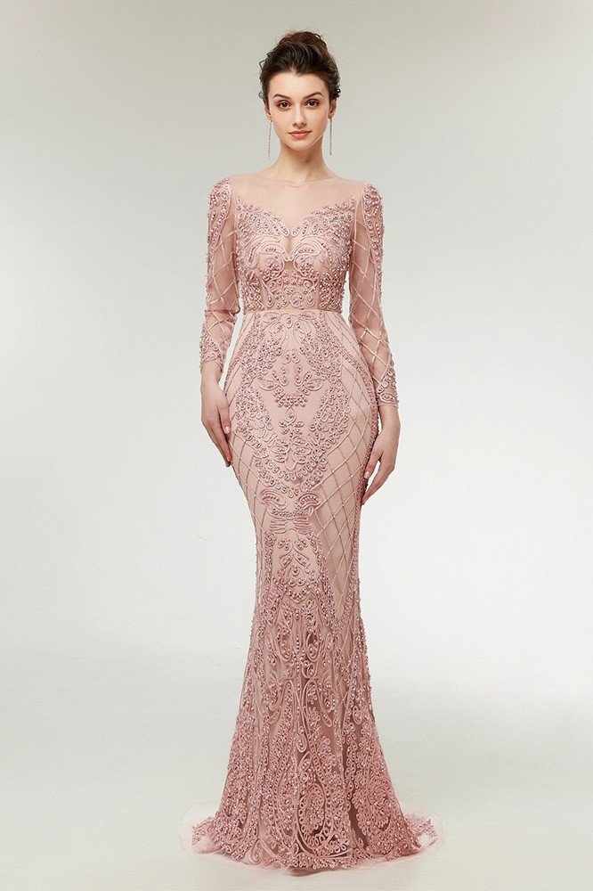 Unique Blush Pink Lace Mermaid Long Prom Dress With Beading #D019 ...
