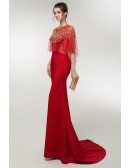 Modest Fitted Mermaid Red Prom Dress With Cape Sleeves