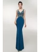 Open Back Slim Long Blue Sweetheart Evening Dress With Beading Top