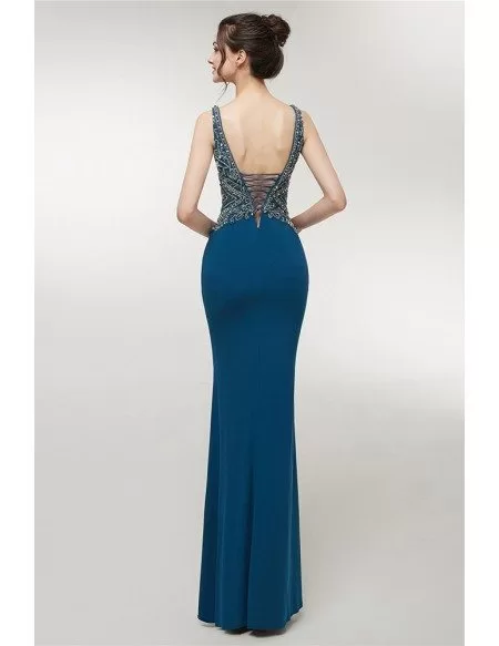 Open Back Slim Long Blue Sweetheart Evening Dress With Beading Top # ...