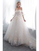 Romantic Ballroom Floral Wedding Dress With Off Shoulder Flare Sleeves