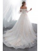 Romantic Ballroom Floral Wedding Dress With Off Shoulder Flare Sleeves