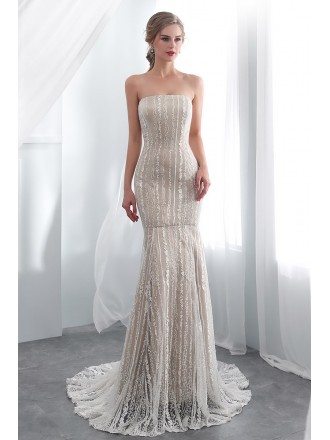Strapless Simple Lace Mermaid Champagne Dress For Wedding