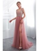 Elegant Slit A Line V Neck Tulle Prom Dress With Beading Top