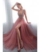 Elegant Slit A Line V Neck Tulle Prom Dress With Beading Top