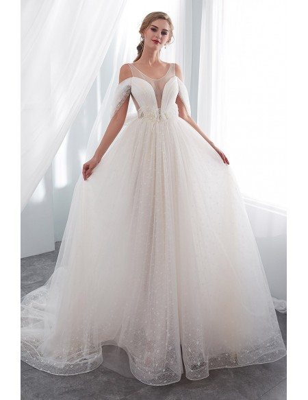 Unique Open Back Tulle Lace Wedding Dress With Cold Shoulder