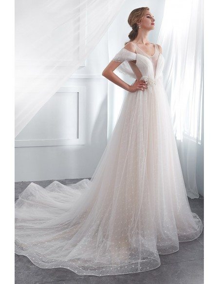 Unique Open Back Tulle Lace Wedding Dress With Cold Shoulder