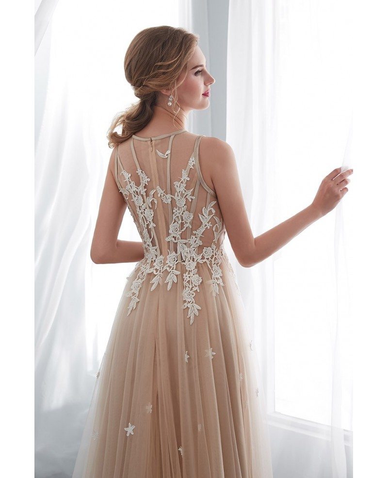Lace Tulle Champagne Long Formal Dress With Modest High Neck