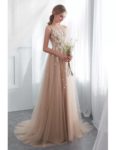 Special Lace Tulle Champagne Long Formal Dress With Modest High Neck