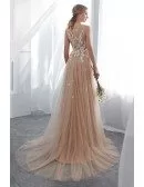 Special Lace Tulle Champagne Long Formal Dress With Modest High Neck